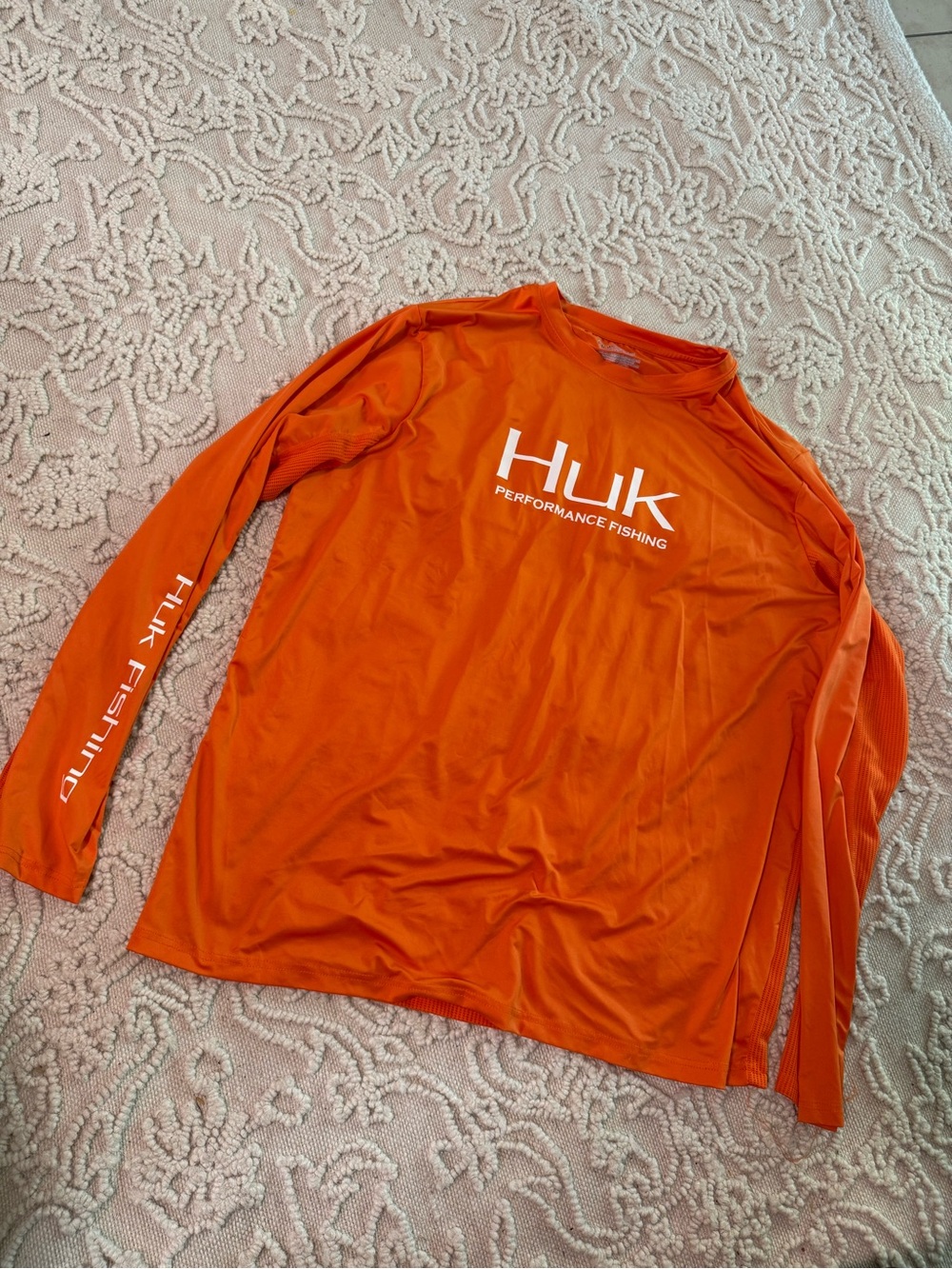 Huk Men’s Long-Sleeve Performance Shirt - Bright Orange with White Logo